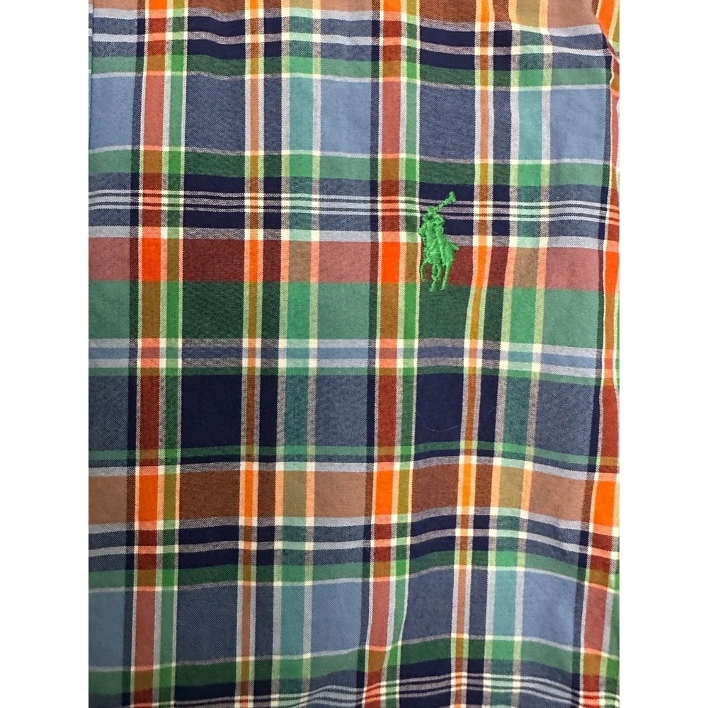 Ralph Lauren Boys Size XL 18-20 Blue Green Orange Plaid Button Up Shirt